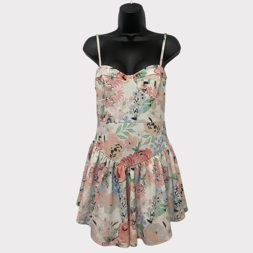 ASOS Design Pink White & Green Floral Spaghetti Strap Mini Dress Size 8